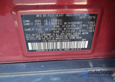 2014 Subaru Outback 3.6R Limited z USA, uszkodzony, nr VIN 4S4BRDKCXE2269451